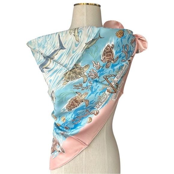 Hermes Accessories - Hermès Pink Blue Rare “La Vie Précieuse de la Méditerranée” Silk Scarf 90
